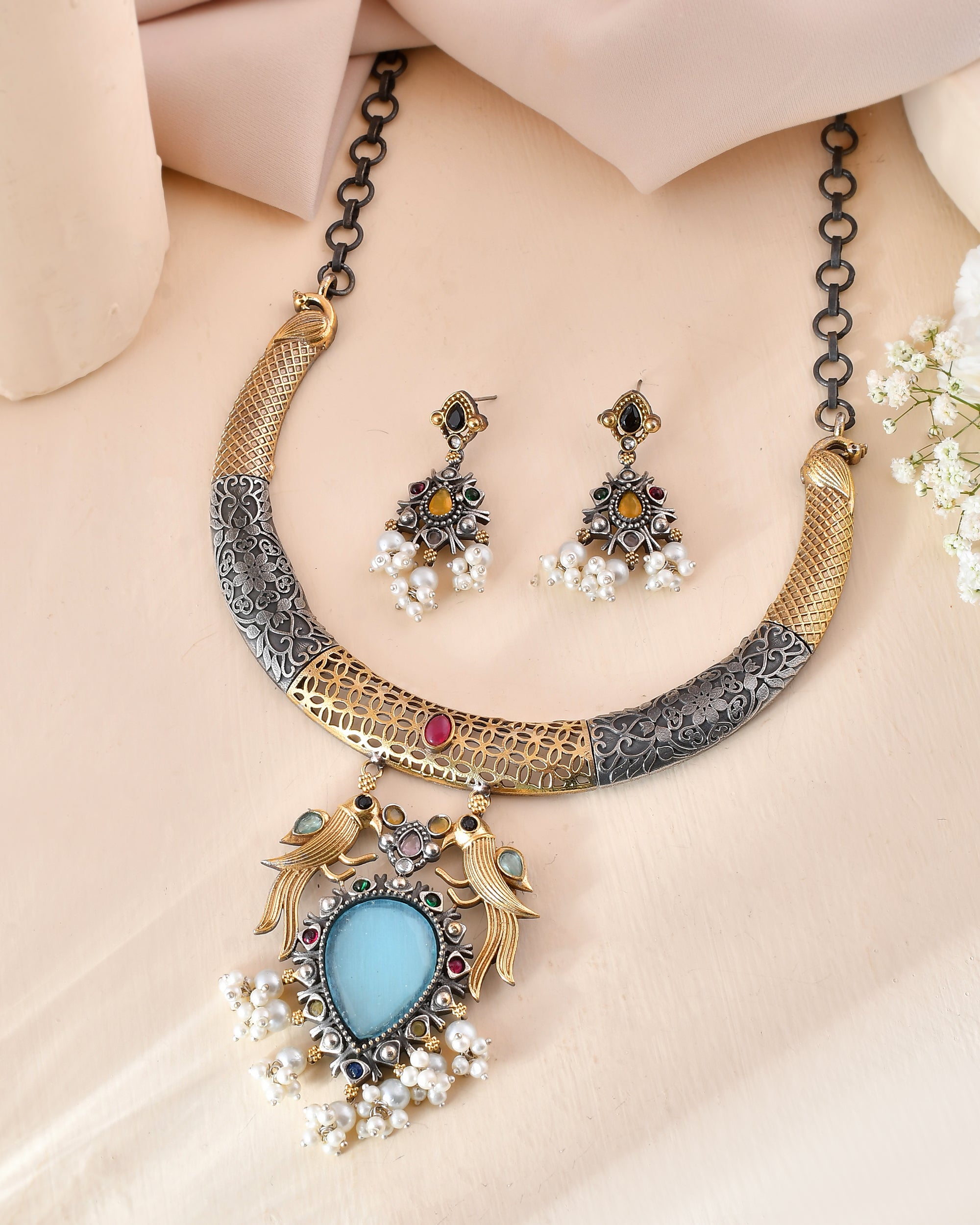 Peacock Aura Dandiya Necklace Set